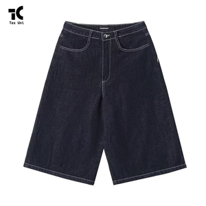 <span class=keywords><strong>Jeans</strong></span> Estivi Americani Retrò Unisex con Ricamo di Lettere e Pannelli a Quadri, Stile Designer, Gamba Dritta, in Denim Intrecciato, Taglio Corto - Product Image 1