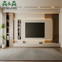 Meuble TV mural moderne de luxe beige et chocolat avec base flottante, deux colonnes d'affichage lumineuses et panneau latéral à lattes foncées
