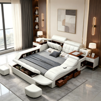 Cadre de lit intelligent en cuir avec haut-parleurs intégrés, taille King/Queen, rangement, massage, inclinable, LED, moderne, luxe, bois massif, lit double
