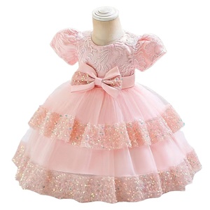 Robe de bal en tulle haut de gamme personnalisable, col rond, manches lanternes, nœuds superposés, robe de <span class=keywords><strong>princesse</strong></span> à paillettes - Product Image 1