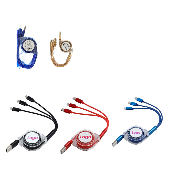 CE Factory's Custom Logo 3-in-1 Retractable Portable Charger Fast Charging USB Data Cable IOS Android PVC Jacket Composite