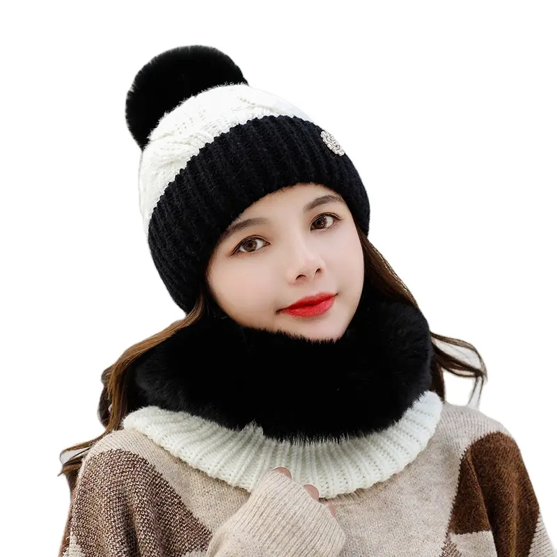 Women Beanie hat and scarf set winter Jeweled Circle Scarf Set Ski Ear Flaps Caps Dual Layered Fleece Lined