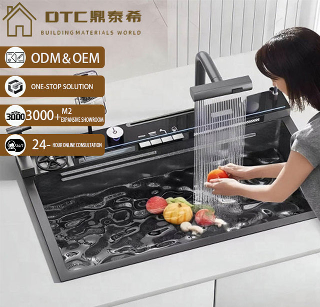 New Trends Handmade Smart Waterfall Multi-Functional Kitchen Sink with Mobile Phone Holder&Spray Gun
