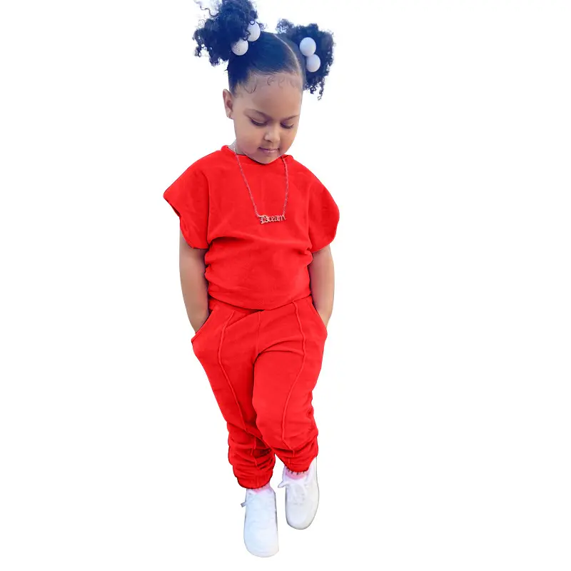 Wholesale New Fashion Kids 2pcs Clothes Solid Color Baby Girls Suit Sets Short T Shirt Top Pants Pink Red Clothes Teenager Girls