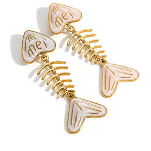 Pendientes colgantes con diseño de espina de pescado de dibujos animados, tachuelas de acero inoxidable chapadas en oro de 18k para mujer, joyería de moda EH12285 - Product Image 5