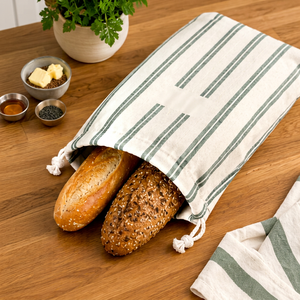 Bolsa reutilizable de algodón con cordón, verde a rayas, bolsa de almacenamiento con asa de cuerda, bolsa de pan de algodón para compras. - Product Image 4