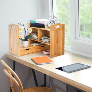 Wooden <b>Desktop</b> Storage Rack 3 Tier With Compartments For Office Organizing Books And Stationery Natural Wood Color - Product Image 1