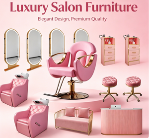 Juego de Muebles de Salón Ergonómicos de Cuero Rosa Moderno y Glamuroso, Silla de Estilismo con Espejo LED Dorado de Lujo, Cama para Lavado de Cabello con Reposapiés Ajustable - Product Image 1