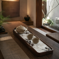 Plateau à thé en quartzite bleu paon FANCY STONE, table à thé en pierre naturelle avec cadre brun pour un service à thé de luxe