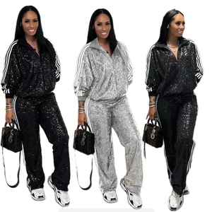 Chándales modestos de alta calidad con cremallera para <span class=keywords><strong>mujer</strong></span>, conjunto de dos piezas de plata con lentejuelas, conjunto de joggers acampanados informales para <span class=keywords><strong>mujer</strong></span>, conjunto de talla grande para <span class=keywords><strong>mujer</strong></span> - Product Image 1