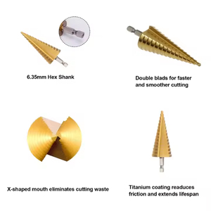 Juego de 3 Brocas Escalonadas HSS con Recubrimiento de Cobalto y Titanio de Alta Calidad, Múltiples Diámetros, Abridor de Orificios, Estuche de Aluminio, Acero, Hierro - Product Image 4