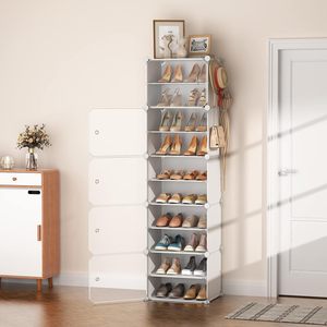 Meuble de rangement à chaussures à 10 niveaux, portable, étroit, en plastique blanc avec crochets pour entrée ou chambre - Product Image 1