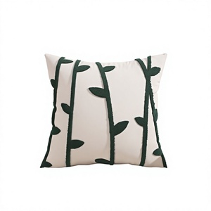 Square Cotton Woven <b>Throw</b> <b>Pillow</b> Cover Green Plant Embroidery Vintage Pattern Boho Design Washable Removable Insert Included - Product Image 1
