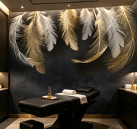 Papier peint mural personnalisé avec plumes dorées et blanches sur fond sombre pour bar, salon de beauté, hôtel, restaurant, bureau, décoration murale commerciale