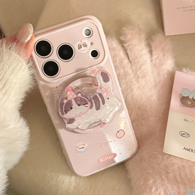 3D Cartoon Happy Kitten Magnetic Phone Case for 17 16 15 14 13 12Pro Max Cute Pink Soft TPU Shockproof Kickstand Cover