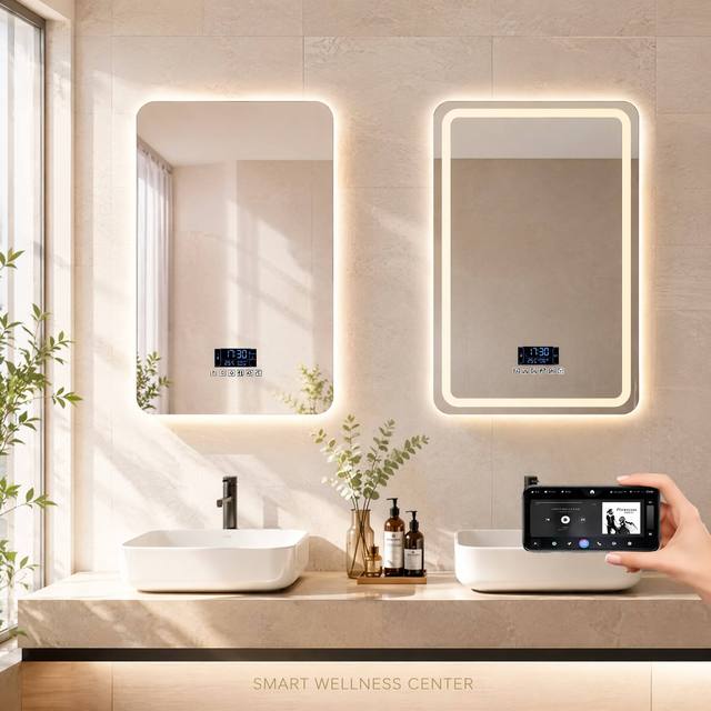 Smart LED Bathroom Mirror with Bluetooth Music Speaker Digital Display Dual Lighting Rectangular Anti-Fog Dimmable Smart Mirror
