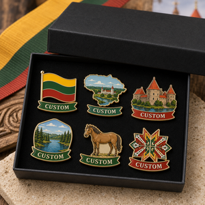 Set de Regalo de Pin de Solapa Esmaltado Personalizado con Temática de <span class=keywords><strong>Lituania</strong></span>: Castillo, Bosque y Caballo, Souvenir Turístico, Insignia de Castillo Forestal, Venta al por Mayor - Product Image 1