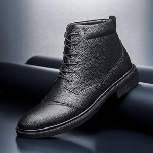 Bottes Derby pour hommes robe uniforme Oxford chaussures haut-milieu haut à lacets en cuir de vache véritable épaissi polaire coton rembourré chaud - Product Image 3