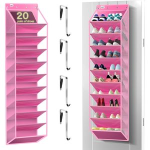 Over The Door Shoe Organizer 10 Tier Pink Hanging Rack For 20 Pairs Behind Door Storage - Product Image 1