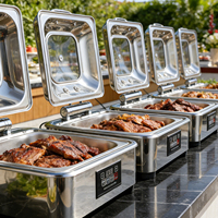 Ensemble de réchauds à buffet de luxe en acier inoxydable argenté carré avec couvercle en verre à fermeture douce, électrique pour la restauration, chauffe-plats de cuisine