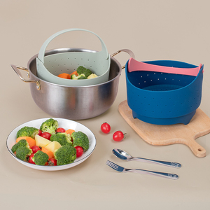 Vaporizador de <span class=keywords><strong>silicona</strong></span> de grado alimenticio y cesta de verduras con logotipo personalizable, utensilios de cocina plegables y resistentes al calor para cocinar al vapor - Product Image 4