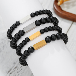 Black Frosted Stone <b>Beaded</b> <b>Bracelet</b> Set With Stainless Steel Bar Unisex Gift Jewelry - Product Image 1