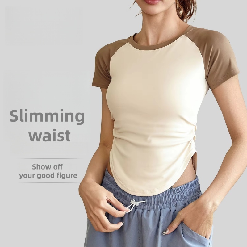Trade Contrast Color Pleated Yoga Suit Women's Tight Waist Slimming Naked Sports Outdoor Fitness Top