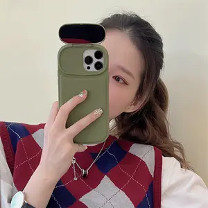 Style Popular Girl Mirror Phone Case With Stand Simple Solid Color Skin Feel Mobile Phone Cover For Iphone 15 14 13Promax