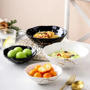 Wholesale cheap royal style ceramic dinnerware 6 inch 8 inches round wedding marble ceramic ramen noodle bowl with golden line