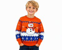Pull de Noël moche en acrylique imprimé tricoté, motif bonhomme de neige orange, personnalisé avec logo frontal, idéal pour cadeau de fête