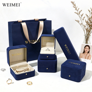 WEIMEI Custom Logo Wholesale Luxury Navy Blue Velvet Jewelry <b>Box</b> and Matching Gift Bag for Ring Necklace Jewelry Packaging Set - Product Image 1