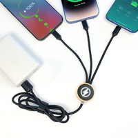 Câble de charge multi-usage en bambou 3 en 1 avec logo lumineux, cordon de charge rapide USB tressé en nylon compatible avec les téléphones portables et plus encore