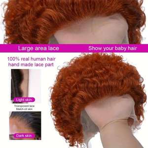 Perruque <span class=keywords><strong>courte</strong></span> bouclée couleur gingembre, <span class=keywords><strong>coupe</strong></span> pixie 13x1 # Perruque Lace Front 350 en <span class=keywords><strong>Cheveux</strong></span> Humains pour Femmes - Product Image 4