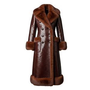 <b>Brown</b> Genuine Leather Shearling Coat <b>for</b> <b>Women</b> Croc Embossed Fur Trim Maxi Double Breasted Shawl Collar - Product Image 1