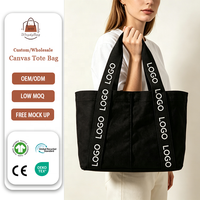 Sac fourre-tout personnalisé imprimé avec sangle large, sac de shopping réutilisable en toile de coton épaisse noire avec logo