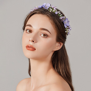 Serre-tête coréen pour <span class=keywords><strong>mariée</strong></span> adulte, fleurs violettes, perles acryliques, accessoires de mariage, vente directe d'usine - Product Image 1