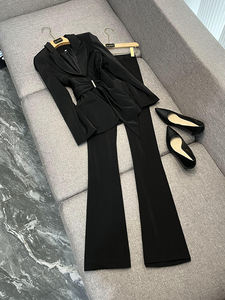 Completo Casual da Ufficio per <span class=keywords><strong>Donna</strong></span> Stile Elegante, Blazer con Volant in Vita e Rever Classico, Maniche Lunghe, Pantaloni a Zampa, Tinta Unita, Set da 2 Pezzi - Product Image 3