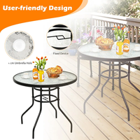 Table ronde de jardin moderne de 32 pouces avec cadre en fer et verre trempé, avec trou pratique pour parasol