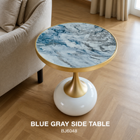 Table d'appoint ronde en MDF imprimé motif marbre bleu-gris avec piétement en fer doré et base blanche pour salon, hôtel, OEM, ODM