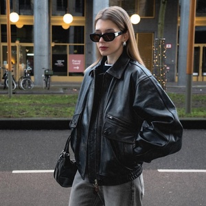 Women Oversized PU Leather <b>Jacket</b> | Vintage Moto Biker Coat | Streetwear Loose Fit Faux Leather Outerwear - Product Image 2