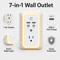 Multiprise intelligente 7 prises avec protection USB-C, adaptateur mural, rallonge de prise US pour la maison