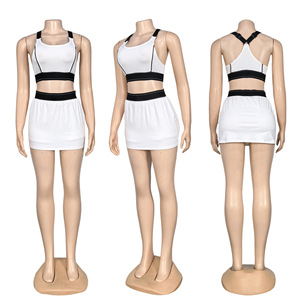 Yoga Set <b>Crop</b> <b>Top</b> <b>Skirt</b> Two Piece Solid Color Spandex Polyester Sleeveless Scoop Neck High Waist With Safety Pant - Product Image 3