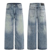 Jeans en denim vintage de style américain sur mesure 11KN pour hommes et femmes, taille mi-haute, bleu délavé, décontracté, coupe ample, jambe large