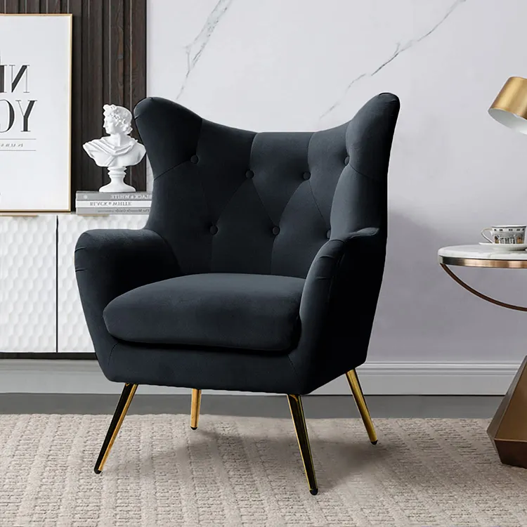 Sillón de lujo, silla decorativa de terciopelo, sofá individual tapizado, sillón moderno con patas doradas de metal