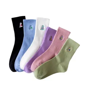 Custom Logo Fashion Woman Socks Funny Cartoon Embroidery Dinosaur Spring And Autumn Warm Happy Woman Socks