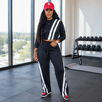 Ensemble de survêtement décontracté et sportif deux pièces pour femme, automne, rayé, en tissu peigné écologique, avec haut à manches longues et pantalon de survêtement