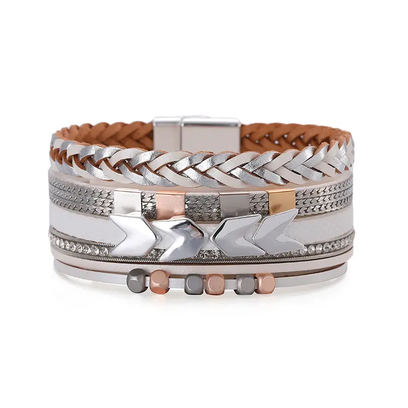 Fashion Bohemian Arrow Design Geflochtenes Leder armband mit Metall Magnets chnalle Mehr schicht iges Leder armband für Frauen
