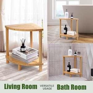 Bamboo Bathroom Stool Two Tier <b>Storage</b> <b>Rack</b> Solid Wood Non Slip <b>Shower</b> Footrest With Shelf For Bath And Shoe Changing - Product Image 4