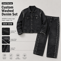 Ensemble IKDEER personnalisé pour homme, veste en jean noir délavé à franges brutes et jean large, style vintage unisexe, tenue de rue coordonnée