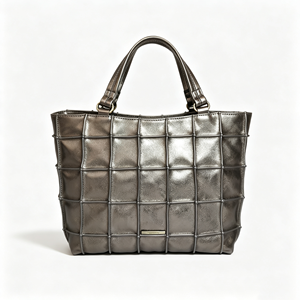 Women Metallic <b>Silver</b> Square Grid Tote Handbag Removable Crossbody Strap For Office - Product Image 1